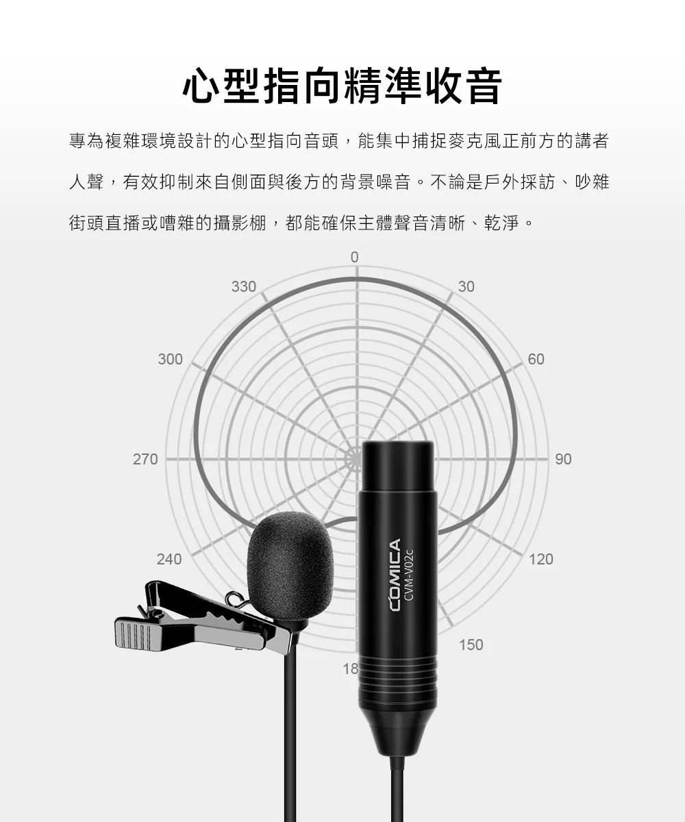 【COMICA V02C】XLR 48幻象電源心型指向領夾式麥克風
