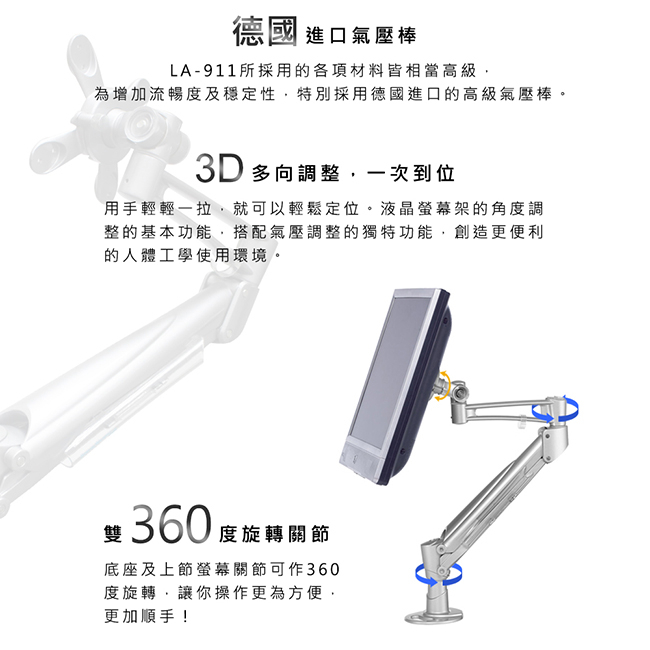 出清【SPEEDCOM 豪華型氣壓式液晶螢幕桌上型固定架LA-911】德國進口可調式氣壓棒/3D多方向調整/電競螢幕支架