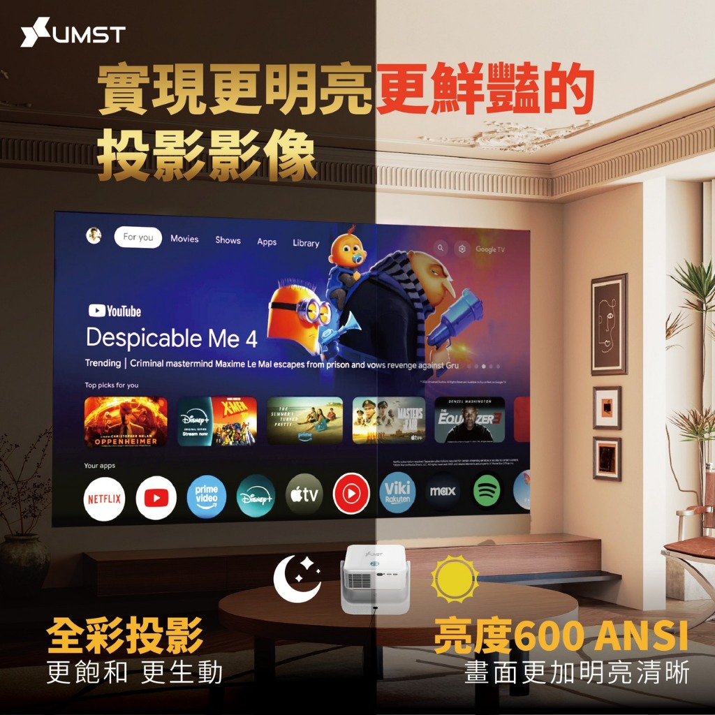 【UMST QX-2 Google TV 智能投影機】4K Google TV/自動對焦.梯形校正/自動避障/語音搜尋