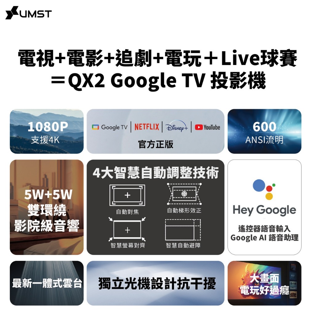 【UMST QX-2 Google TV 智能投影機】4K Google TV/自動對焦.梯形校正/自動避障/語音搜尋