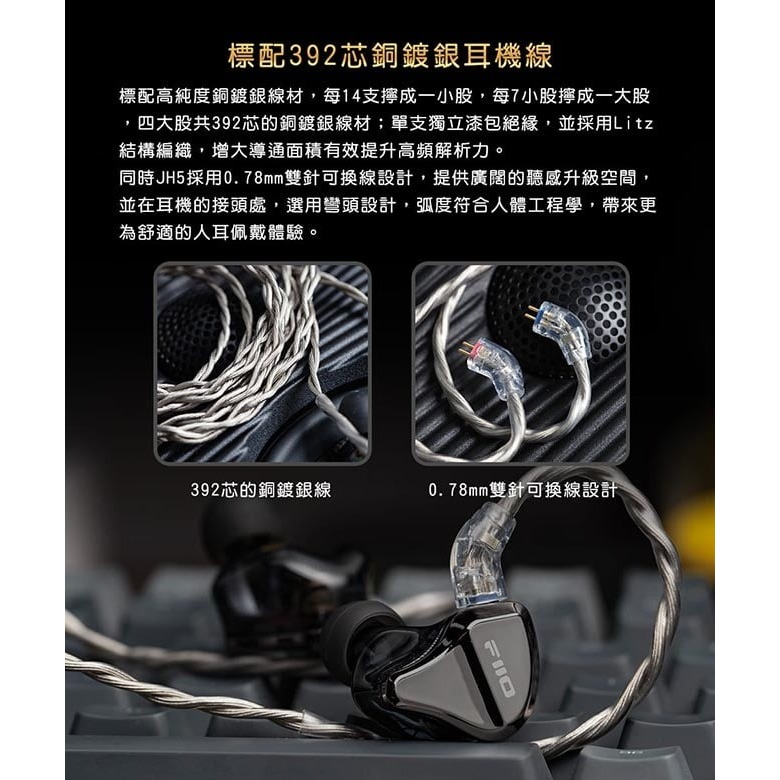 【FiiO X Jade Audio JH5 一圈四鐵CIEM可換線耳機】10mm碳纖維球頂振膜 /0.78mm雙針