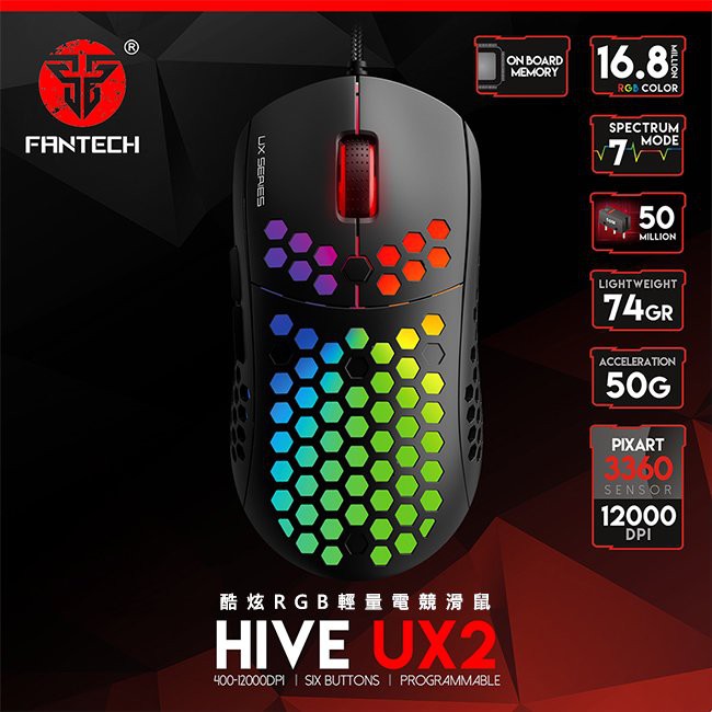 【FANTECH 台灣】UX2 電競滑鼠 七檔變速／最高12000dpi／6個自定按鍵／RGB燈效／鏤空蜂巢設計