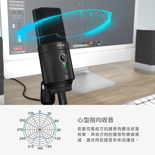【 FIFINE K683B 】USB心型指向電容式麥克風 防噴罩／TypeC傳輸線／YouTuber／錄音／直播